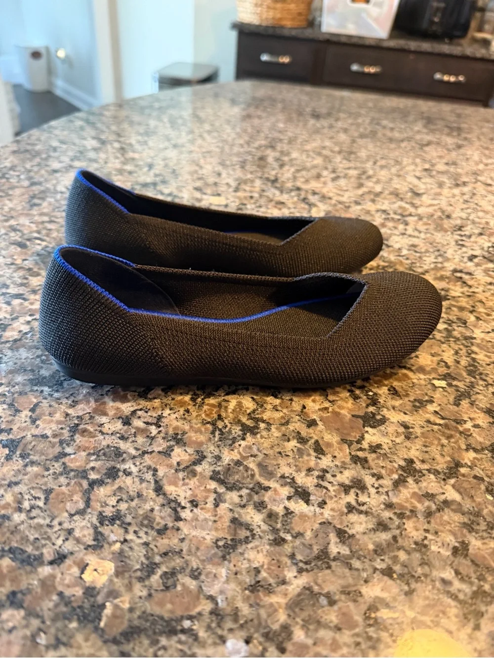 Rothy's Women's Black Knit Ballet Flats with Blue Trim, Size 6